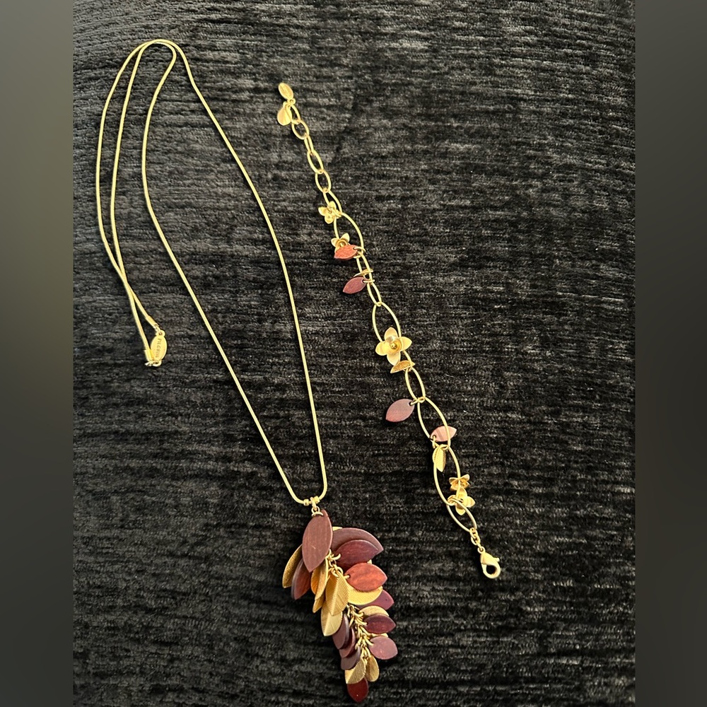 Pilgrim Gold Plated Flowers & Enamel Leaves Necklace & Bracelet